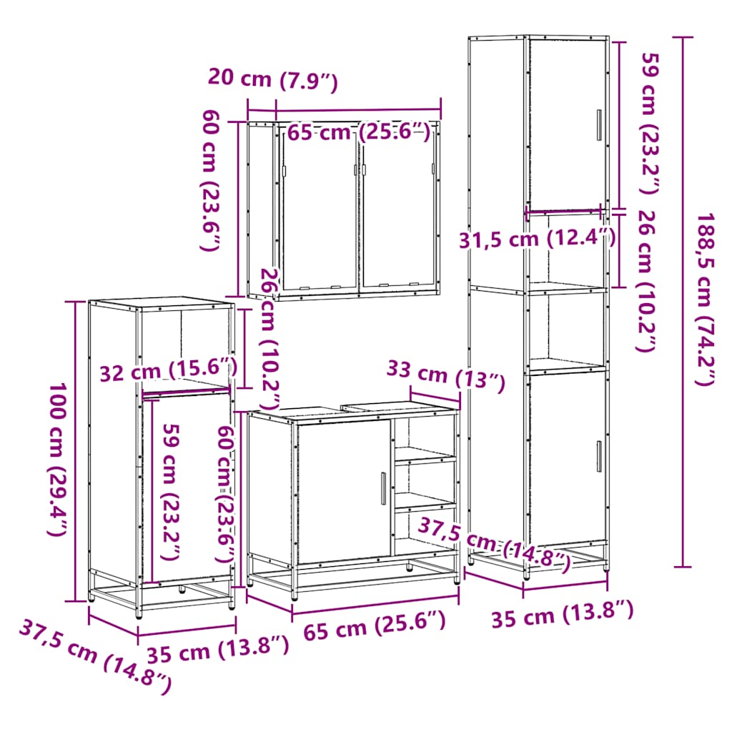 4 Piece Bathroom Furniture Set Smoked Oak Engineered Wood