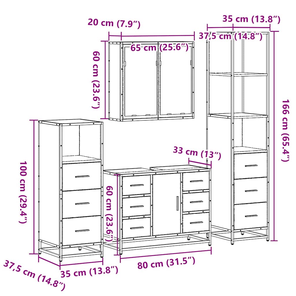 4 Piece Bathroom Furniture Set Smoked Oak Engineered Wood