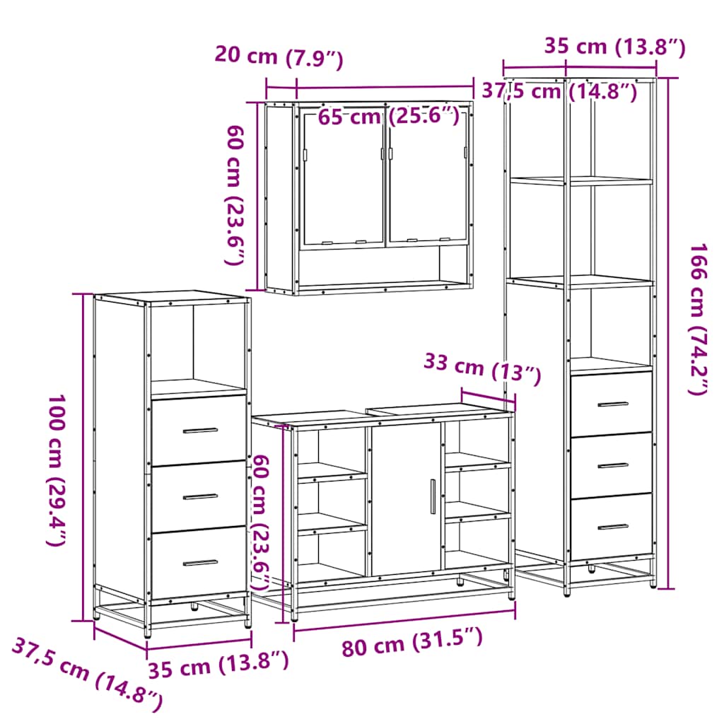 4 Piece Bathroom Furniture Set Smoked Oak Engineered Wood