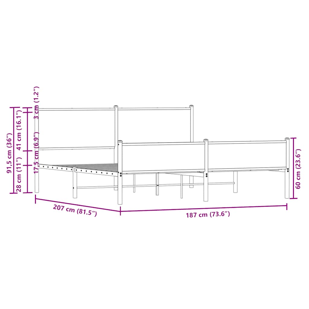 Metal Bed Frame without Mattress Brown Oak 180x200 cm Super King