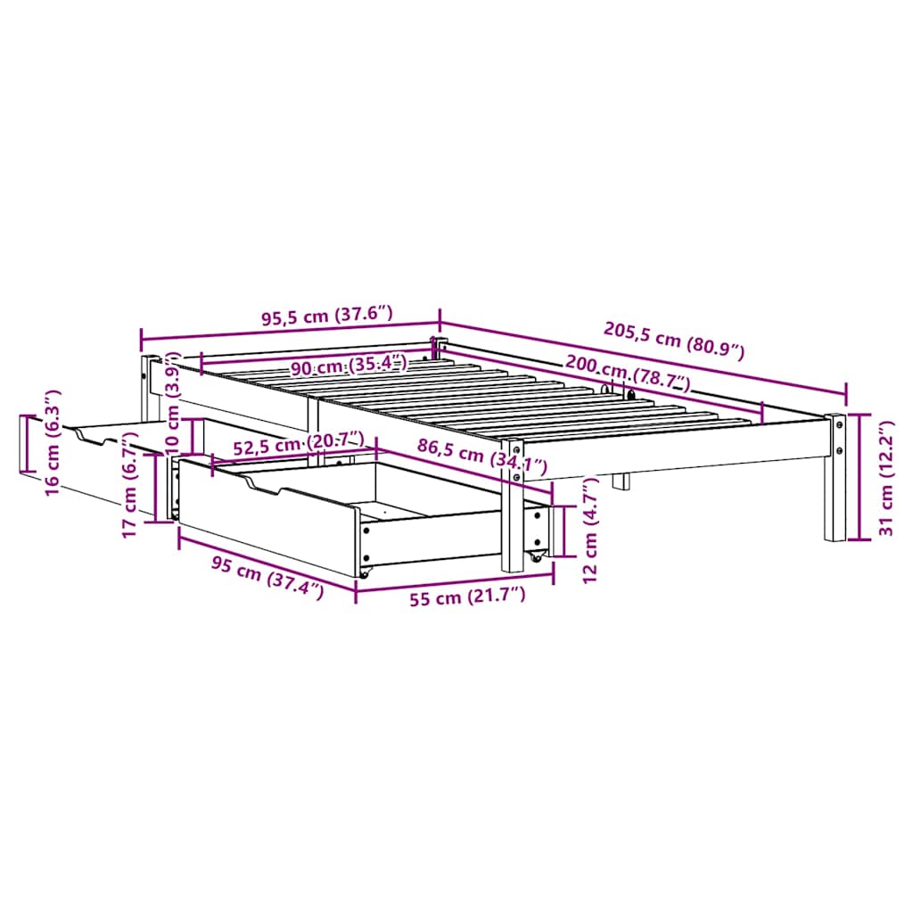 Bed Frame without Mattress White 90x200 cm Solid Wood Pine
