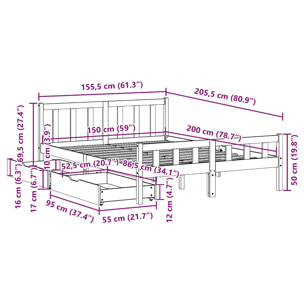 Bed Frame without Mattress Wax Brown 150x200 cm King Size Solid Wood Pine