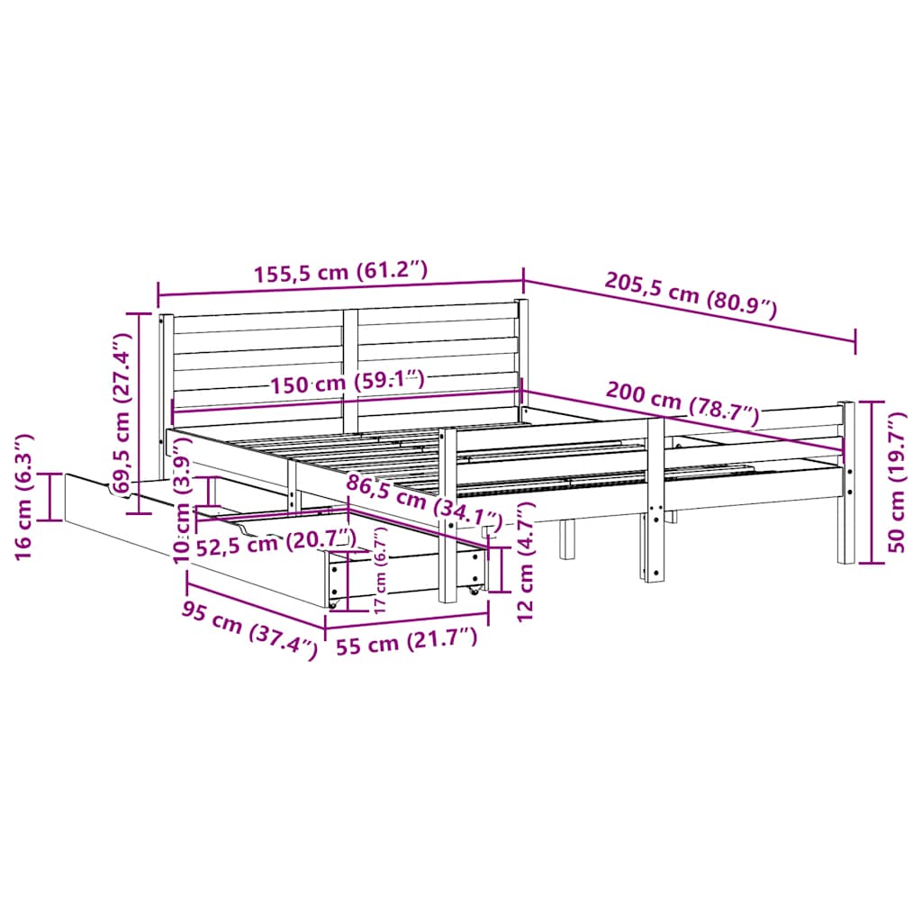 Bed Frame without Mattress White 150x200 cm King Size Solid Wood Pine
