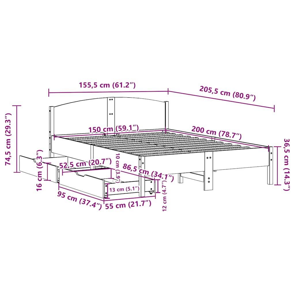 Bed Frame without Mattress White 150x200 cm King Size Solid Wood Pine
