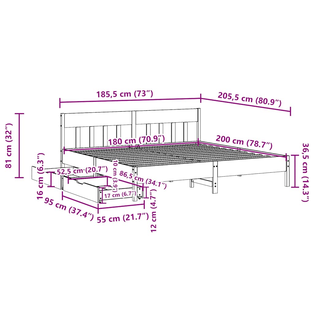 Bed Frame without Mattress Wax Brown 180x200 cm Super King Solid Wood Pine