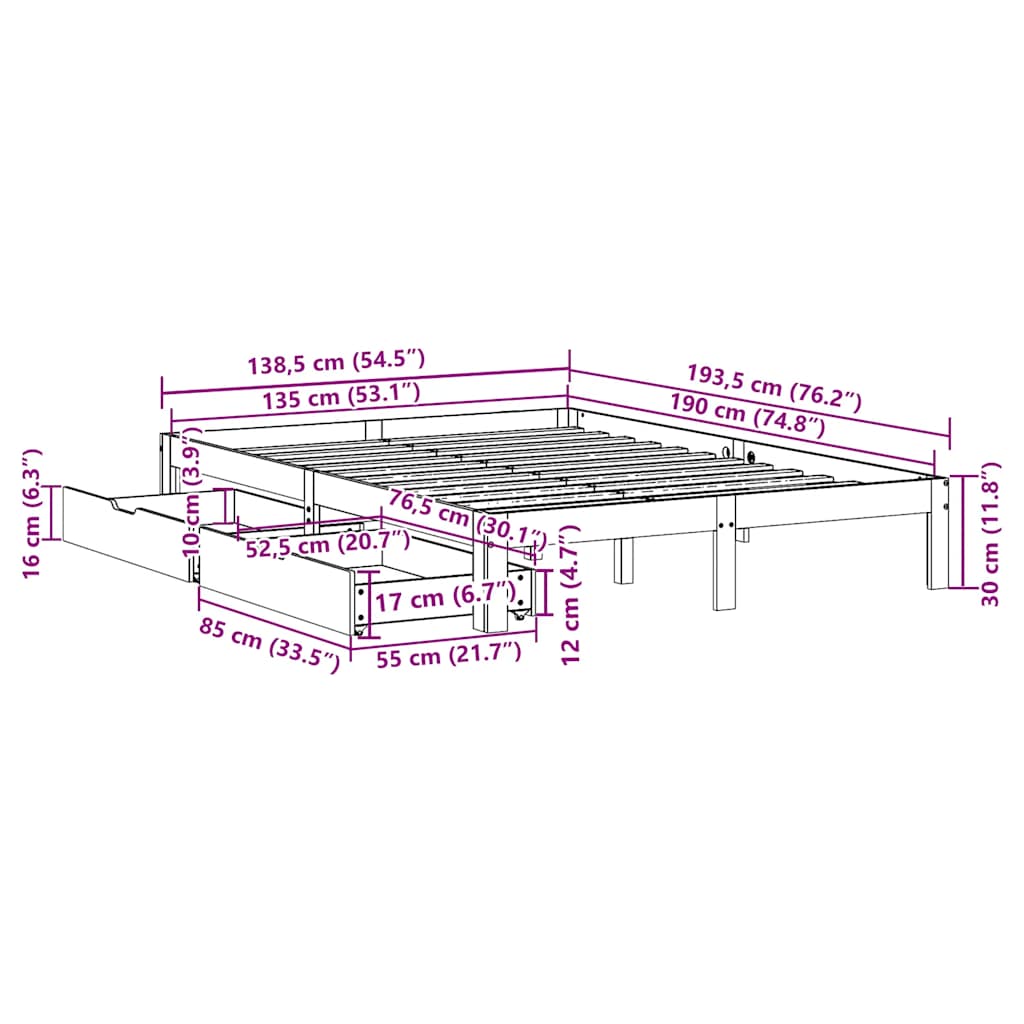 Bed Frame with Drawers without Mattress Wax Brown 135x190 cm Double
