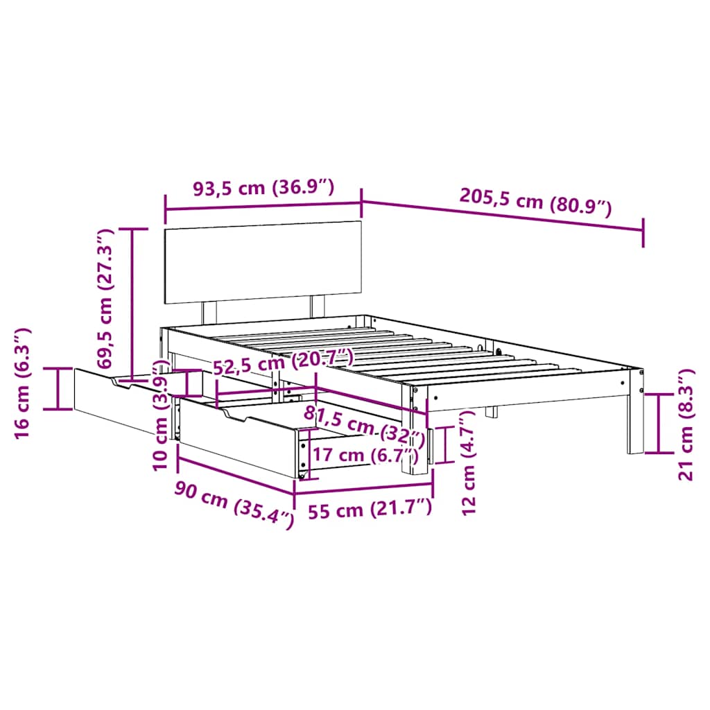 Bed Frame with Drawers without Mattress White 90x200 cm
