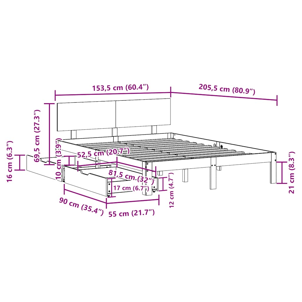 Bed Frame with Drawers without Mattress White 150x200 cm King Size