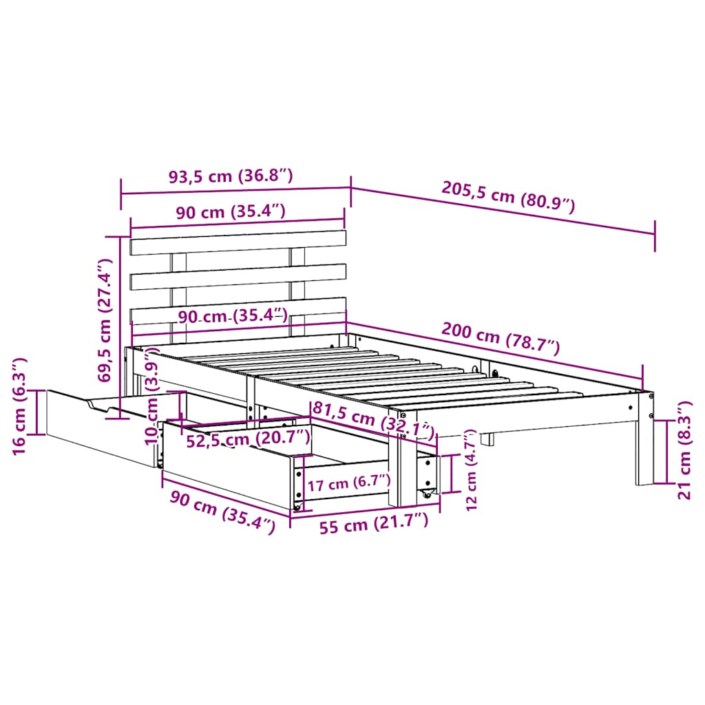 Bed Frame with Drawers without Mattress 90x200 cm