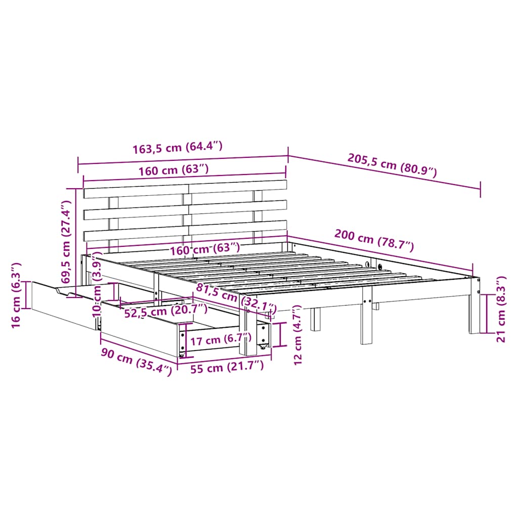 Bed Frame with Drawers without Mattress 160x200 cm