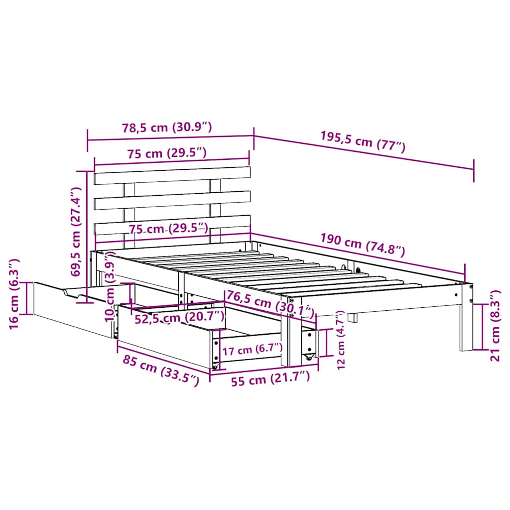 Bed Frame with Drawers without Mattress Wax Brown 75x190 cm Small Single