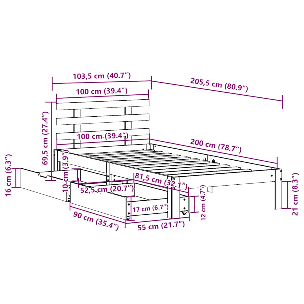 Bed Frame with Drawers without Mattress Wax Brown 100x200 cm