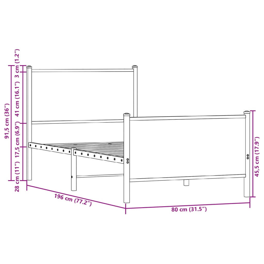 Metal Bed Frame without Mattress Smoked Oak 75x190 cm Small Single