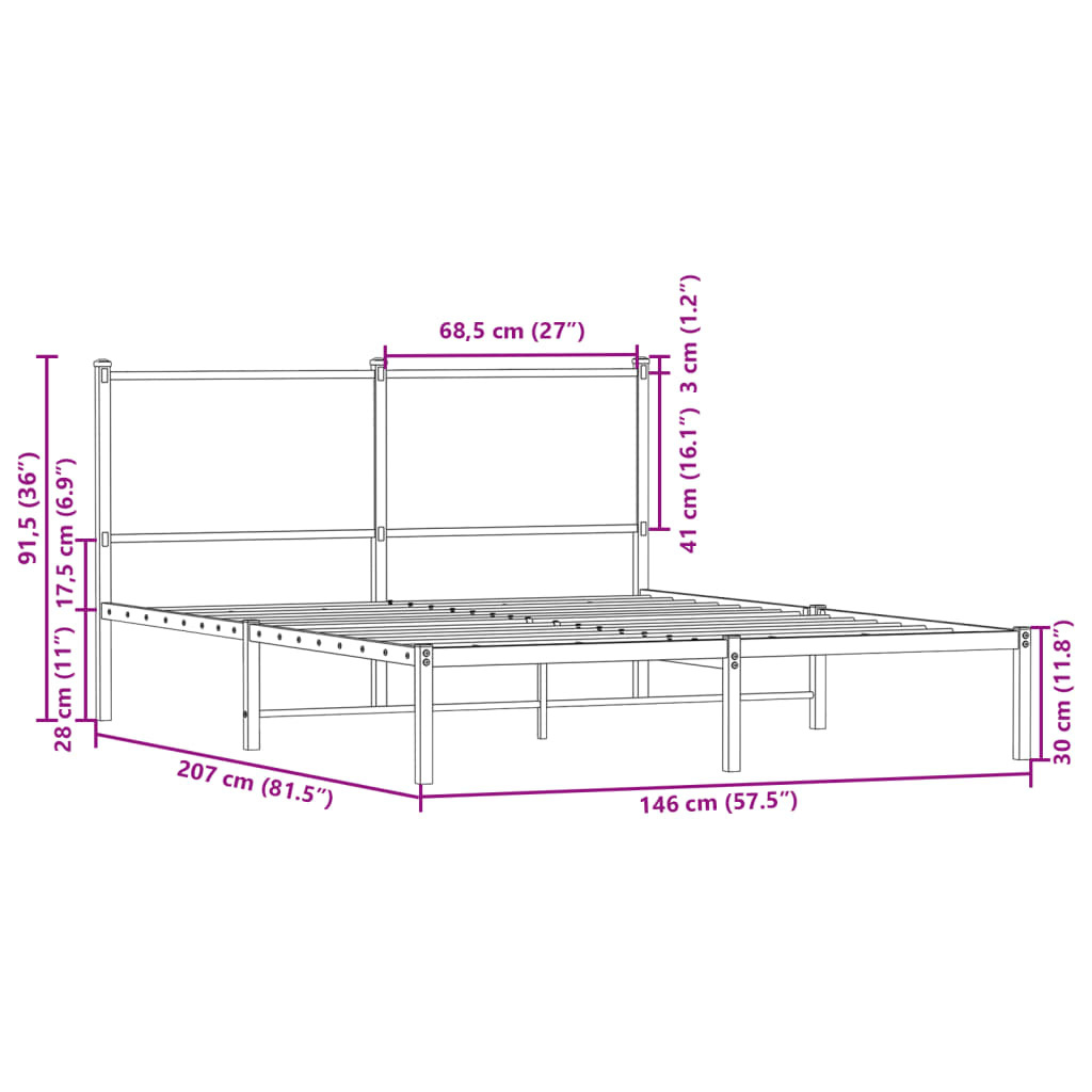 Metal Bed Frame without Mattress Sonoma Oak 140x200 cm