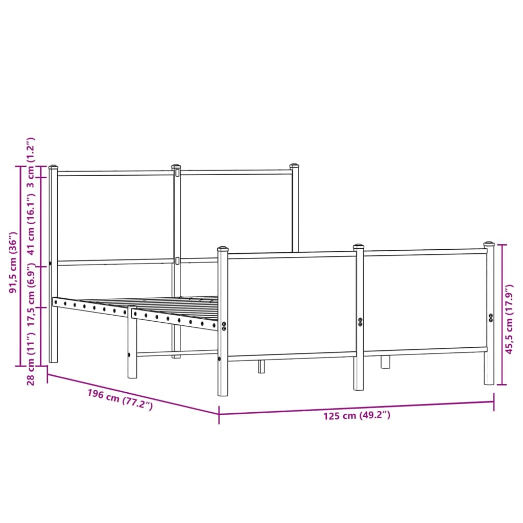 Metal Bed Frame without Mattress Sonoma Oak 120x190 cm Small Double