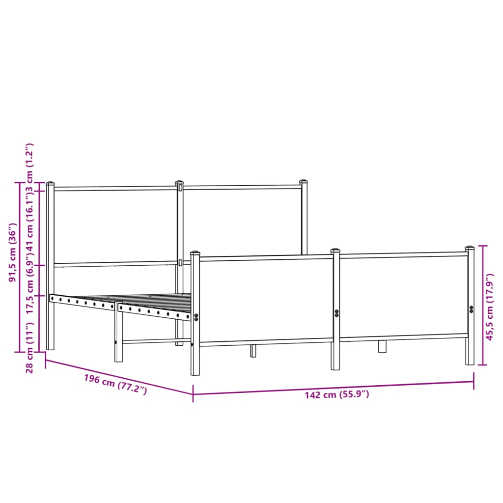 Metal Bed Frame without Mattress Sonoma Oak 137x190 cm