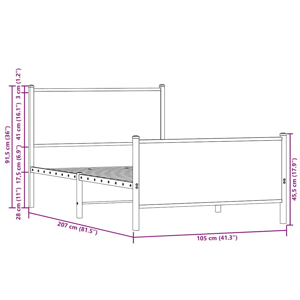 Metal Bed Frame without Mattress Brown Oak 100x200 cm