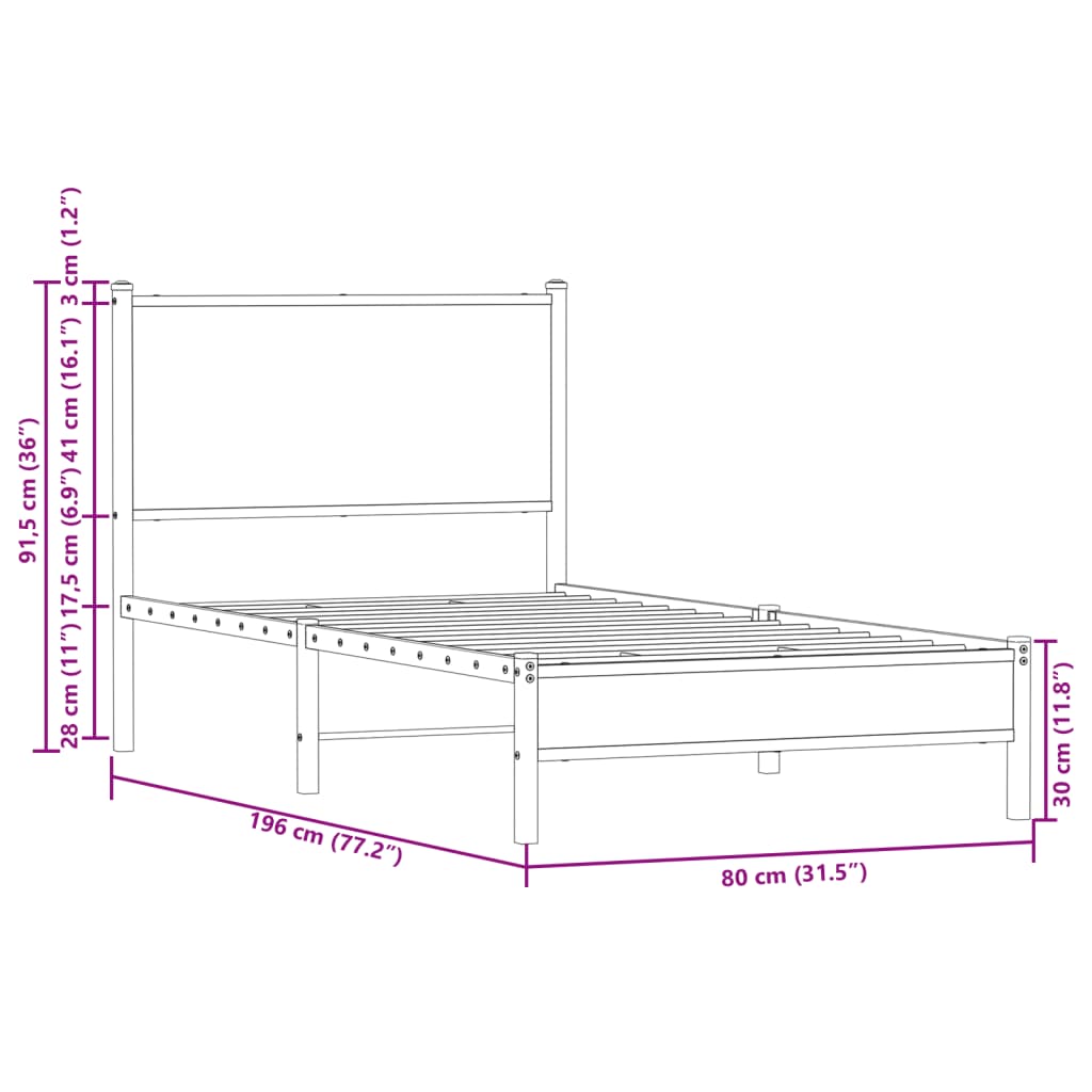 Metal Bed Frame without Mattress Smoked Oak 75x190 cm Small Single
