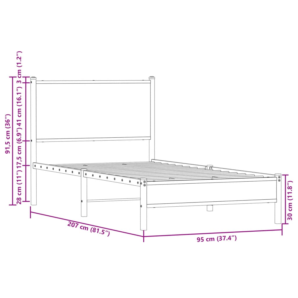 Metal Bed Frame without Mattress Smoked Oak 90x200 cm
