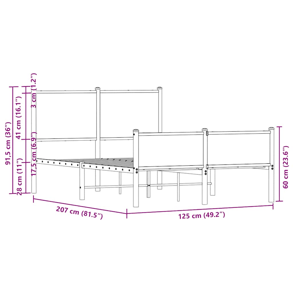Metal Bed Frame without Mattress Smoked Oak 120x200 cm