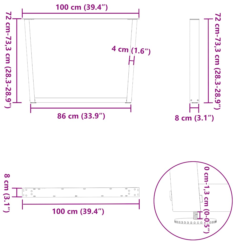 Dining Table Legs V-Shape 3 pcs Natural Steel 100x(72-73.3) cm