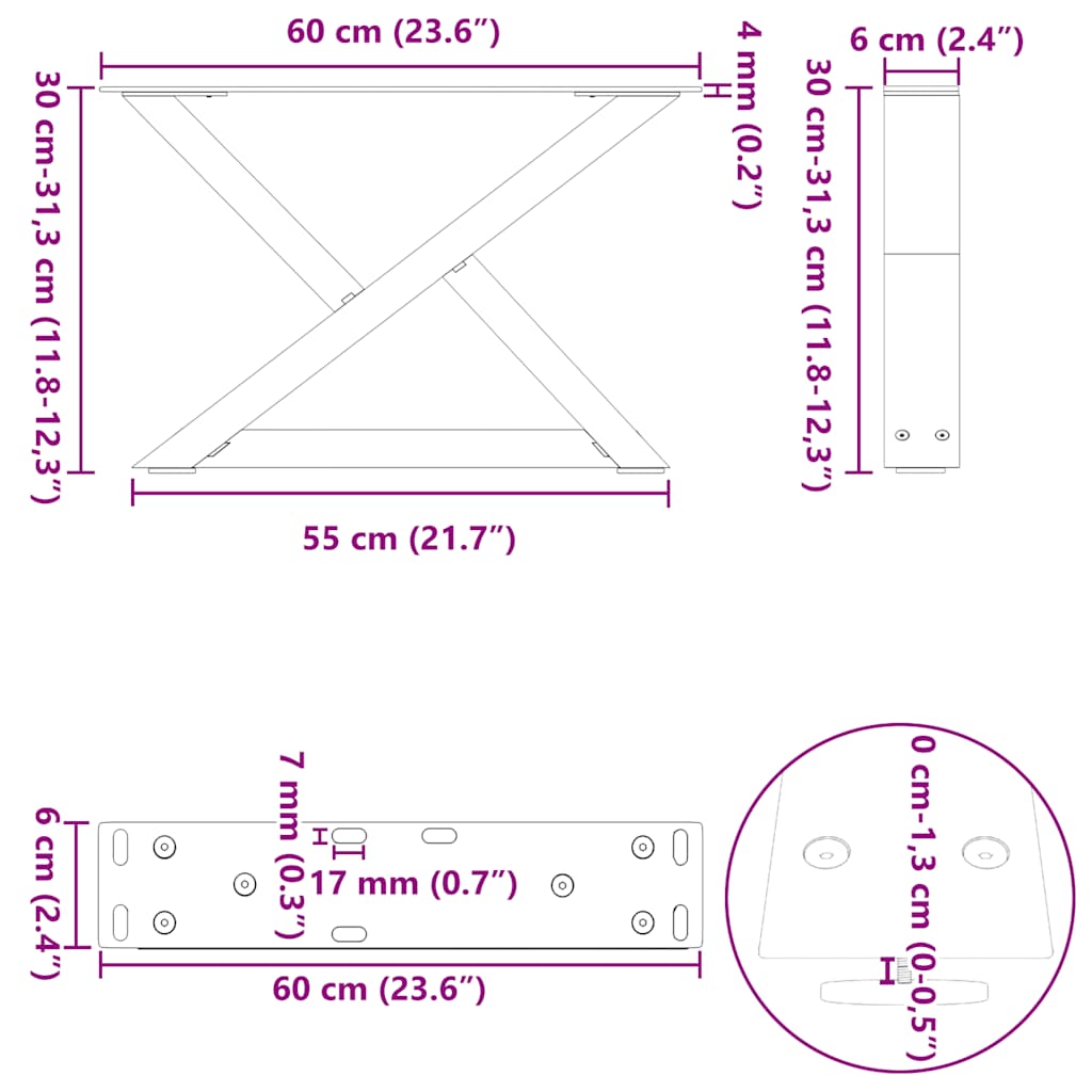 Coffee Table Legs 2 pcs Black 60x(30-31,3) cm Steel