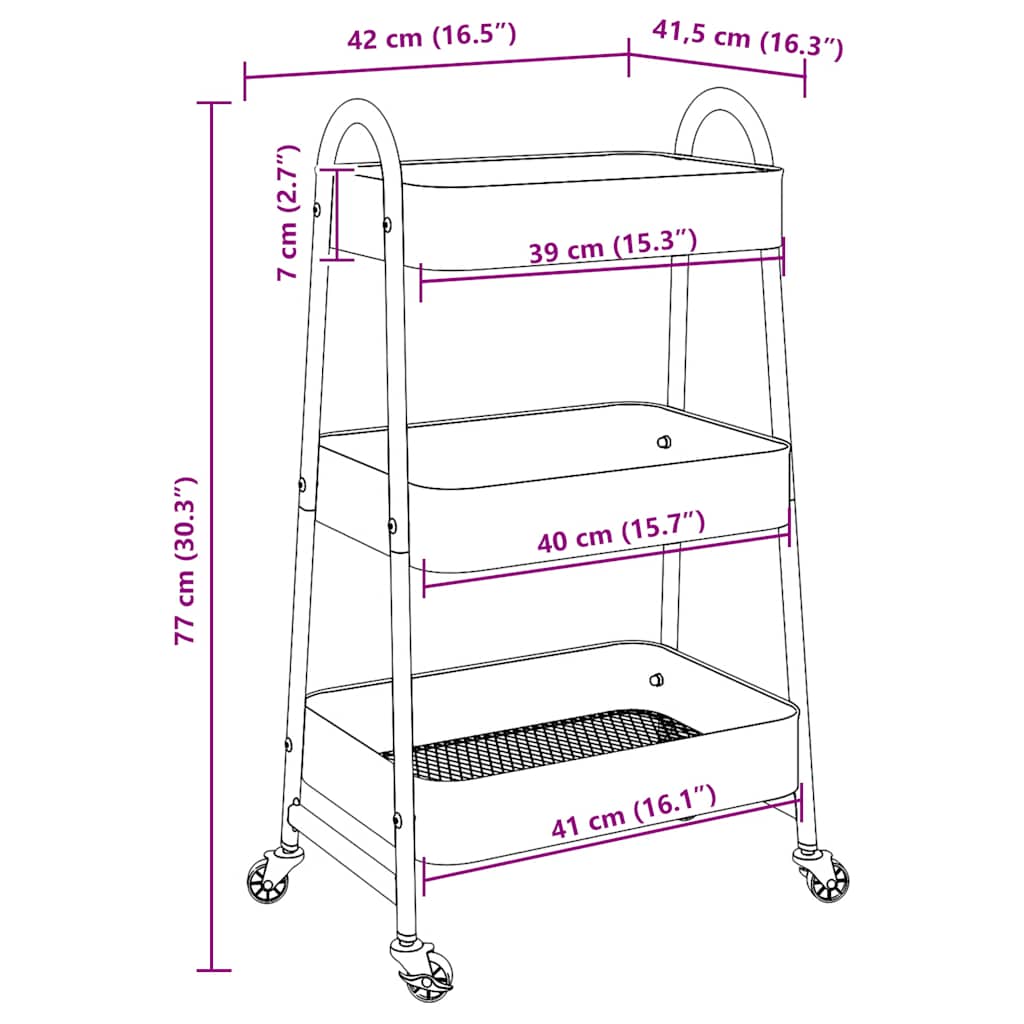 Storage Trolley 3-Tier White 42x41,5x77 cm Steel