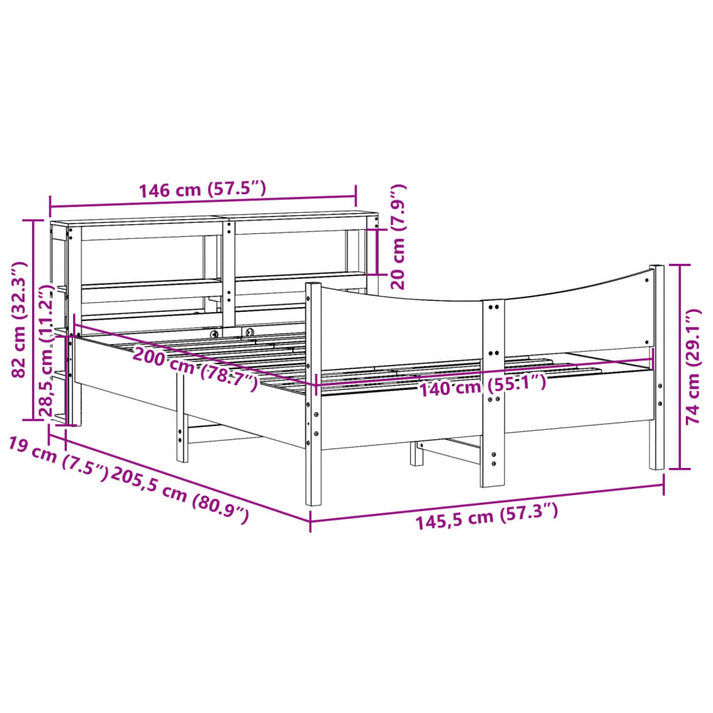 Bed Frame with Headboard White 140x200 cm Solid Wood Pine