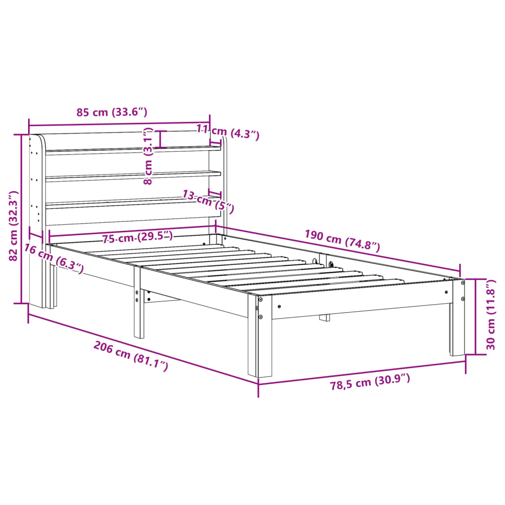 Bed Frame with Headboard without Mattress White 75x190 cm Small Single