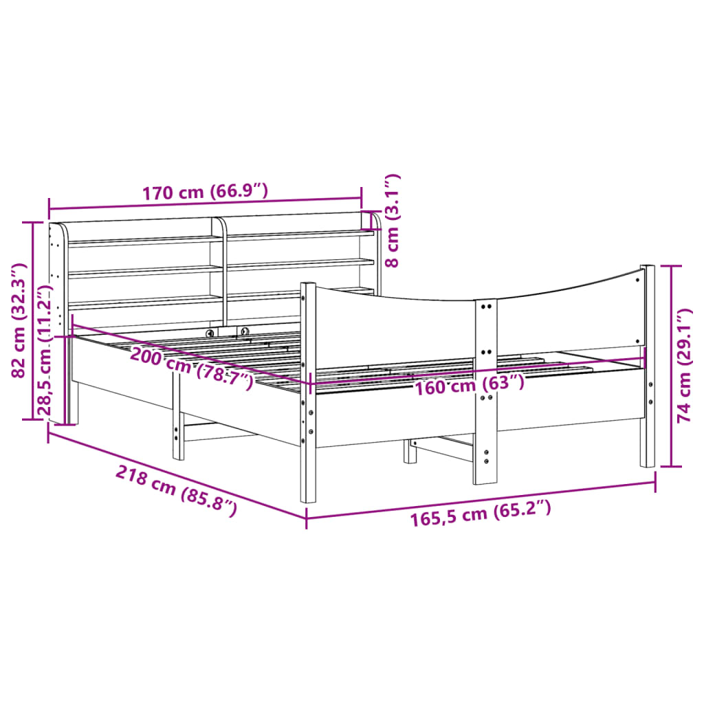Bed Frame with Headboard 160x200 cm Solid Wood Pine