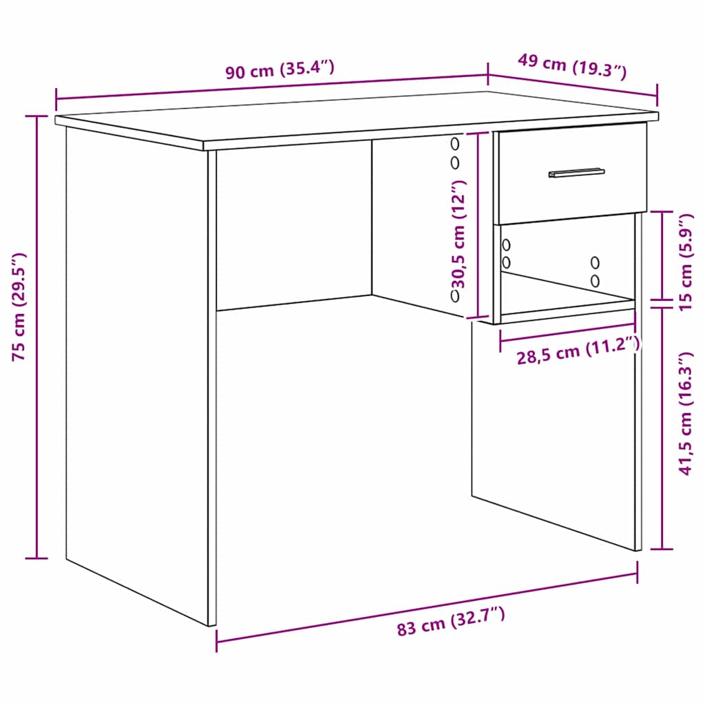 vidaXL Desk with Drawer Old wood 90 x 49.5 x 75 cm Engineered wood