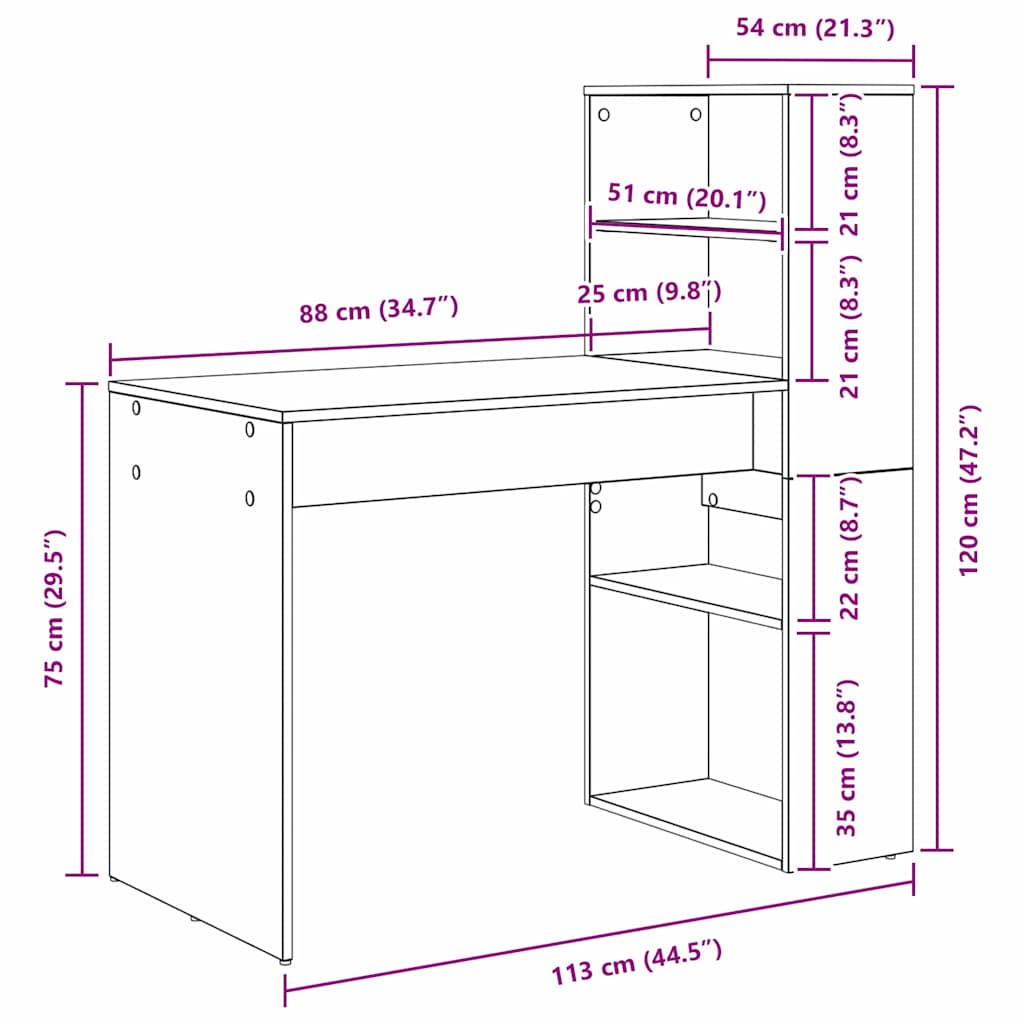 Desk White Engineered Wood 113 x 54 x 120 cm