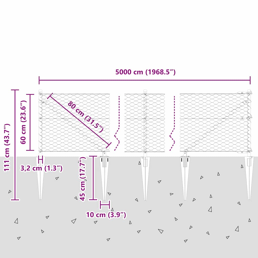 Outdoor Hexagonal Fence with Post 50 x 0.6 m PVC-Coated Steel