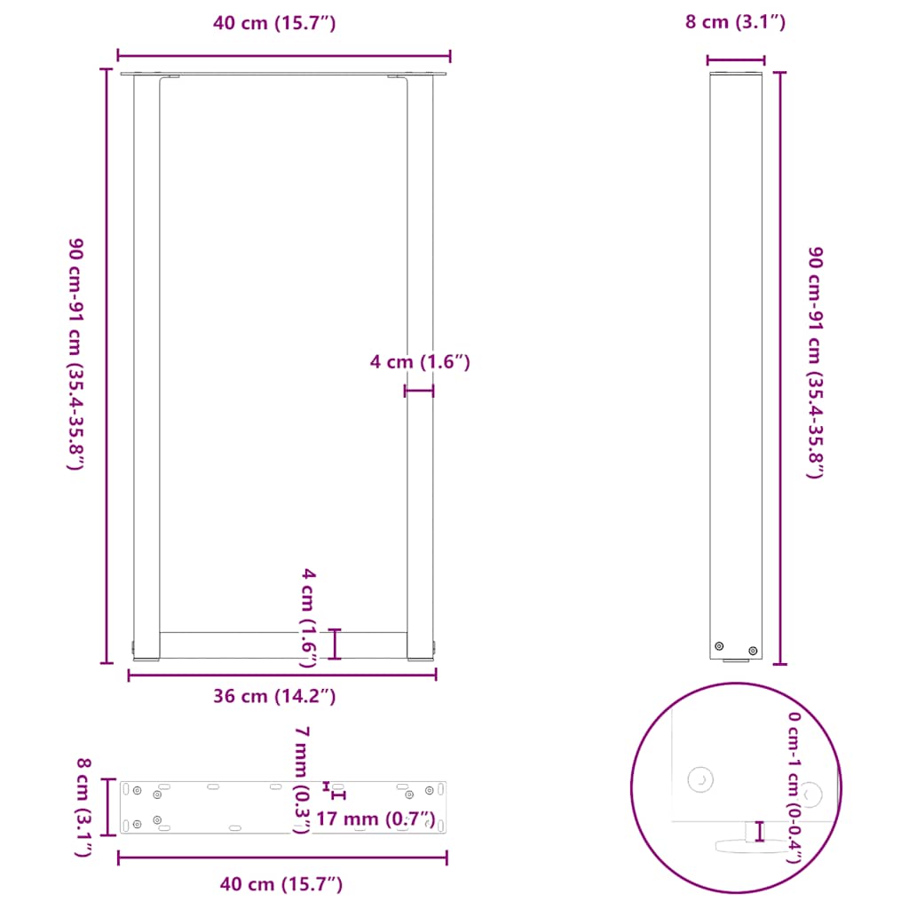 Bar Table Legs U-Shaped 2 pcs White 40x(90-91) cm Steel
