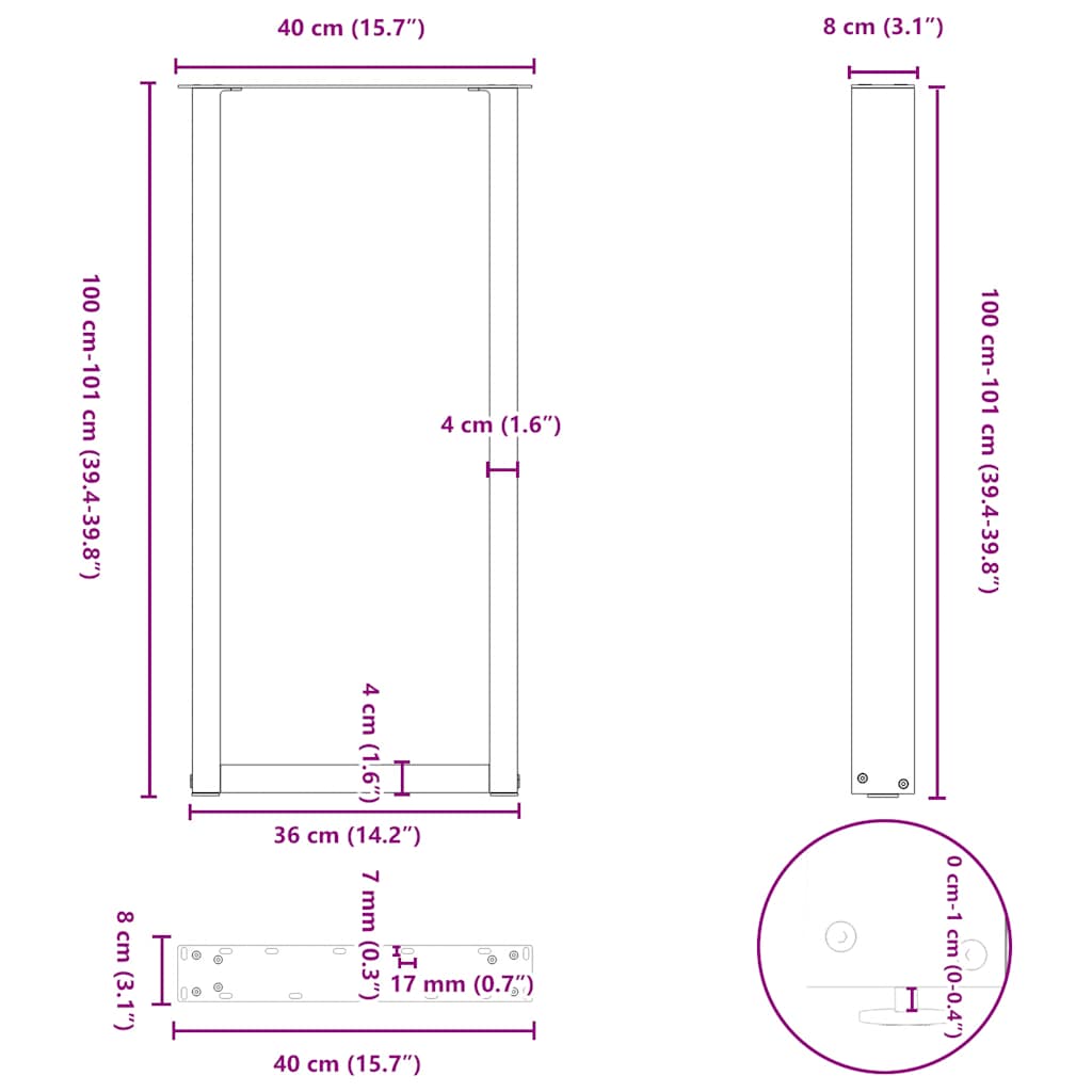 Bar Table Legs U-Shaped 2 pcs White 40x(100-101) cm Steel