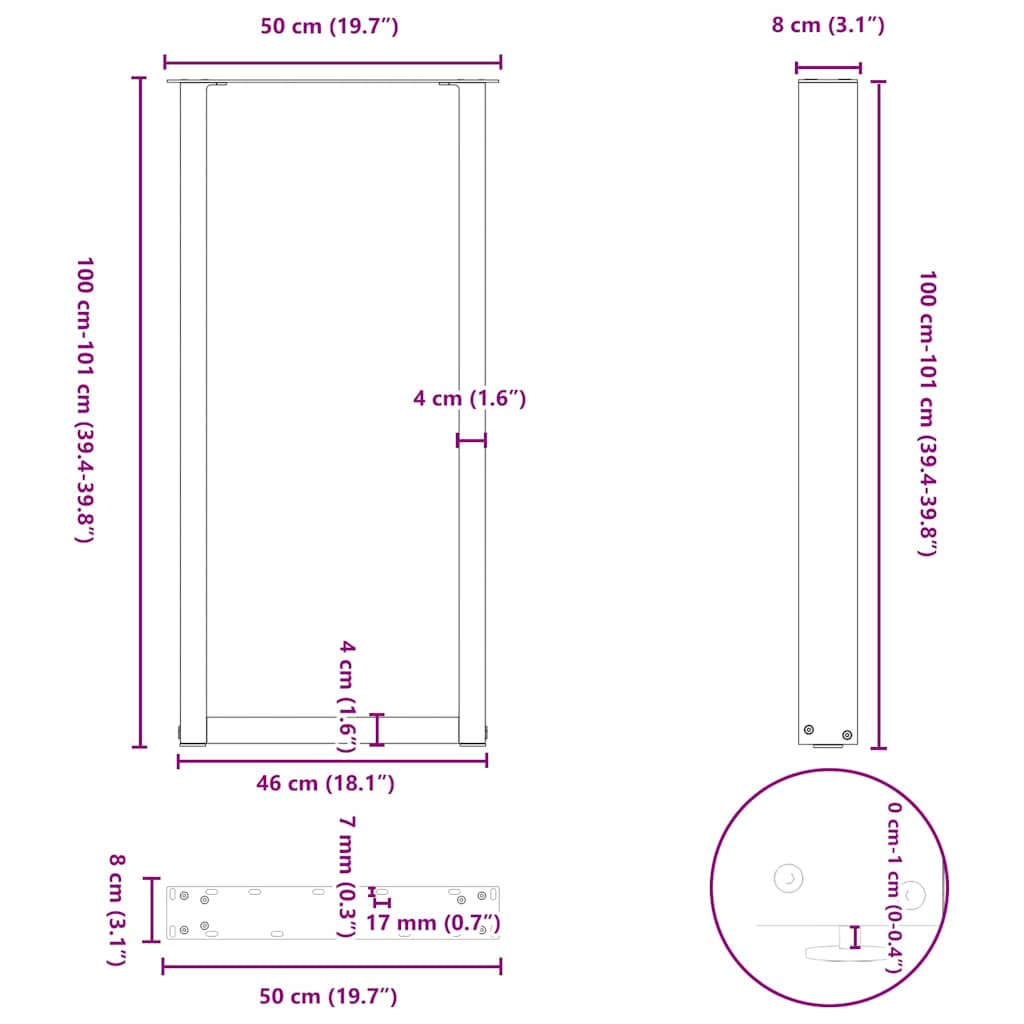 Bar Table Legs U-Shaped 2 pcs Black 50x(100-101) cm Steel
