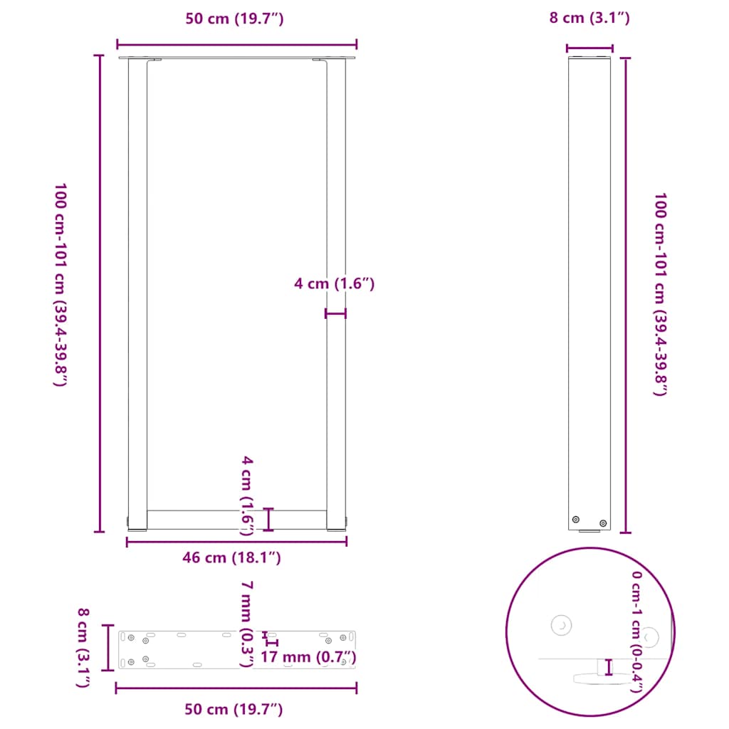Bar Table Legs U-Shaped 2 pcs White 50x(100-101) cm Steel