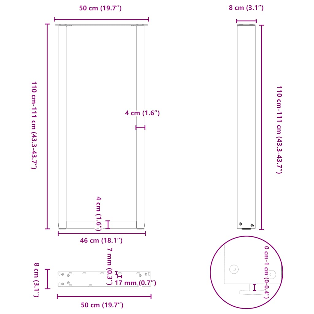 Bar Table Legs U-Shaped 2 pcs Black 50x(110-111) cm Steel