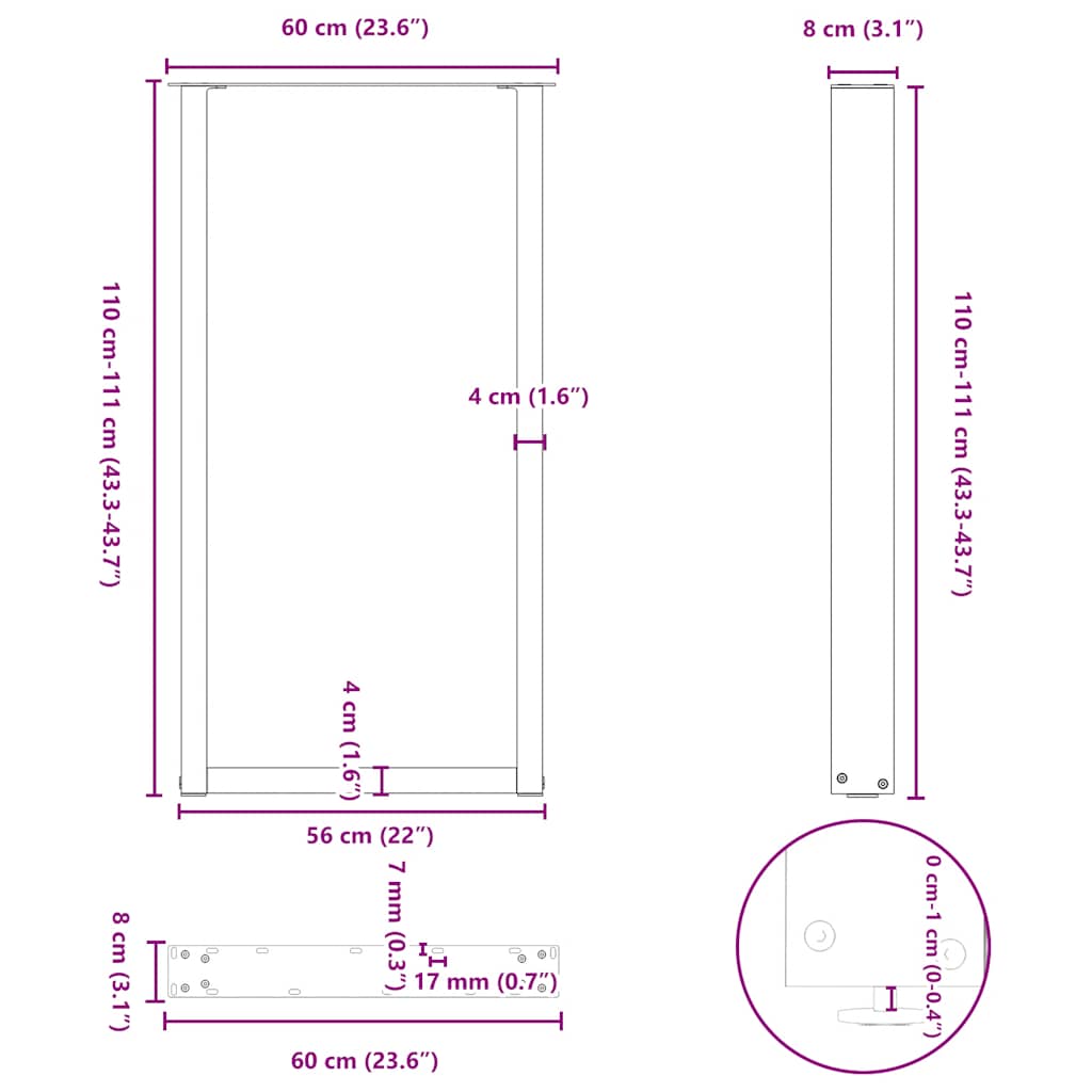 Bar Table Legs U-Shaped 2 pcs Black 60x(110-111) cm Steel
