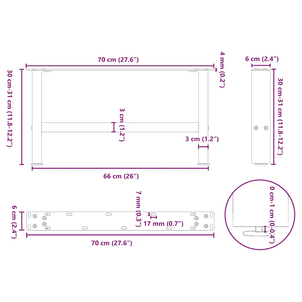 Coffee Table Legs Black 2 pcs 70x(30-31) cm Steel