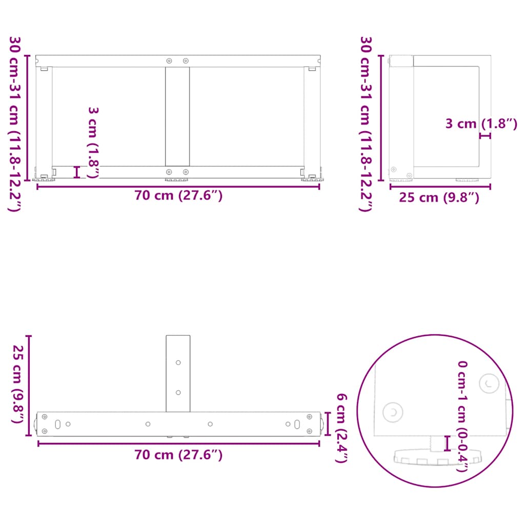 Coffee Table Legs T-Shaped 2 pcs White 70x25x(30-31) cm Steel