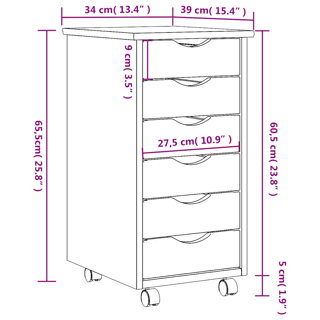Rolling Cabinet with Drawers "MOSS" Black Solid Wood Pine