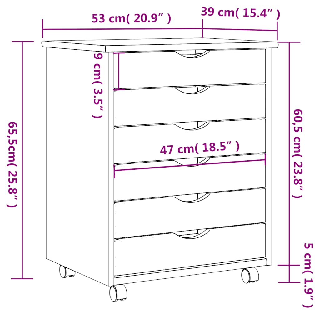 Rolling Cabinet with Drawers "MOSS" Black Solid Wood Pine