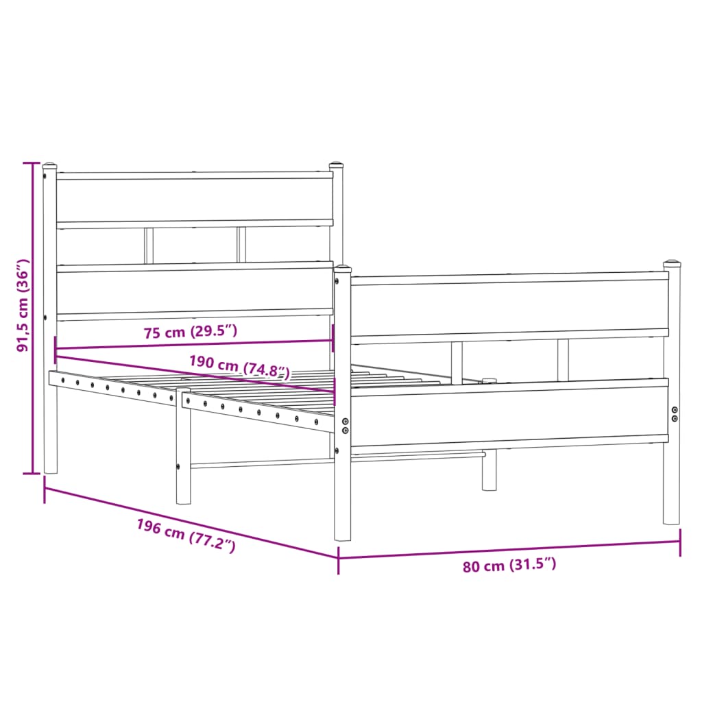 Metal Bed Frame without Mattress Sonoma Oak 75x190 cm Small Single