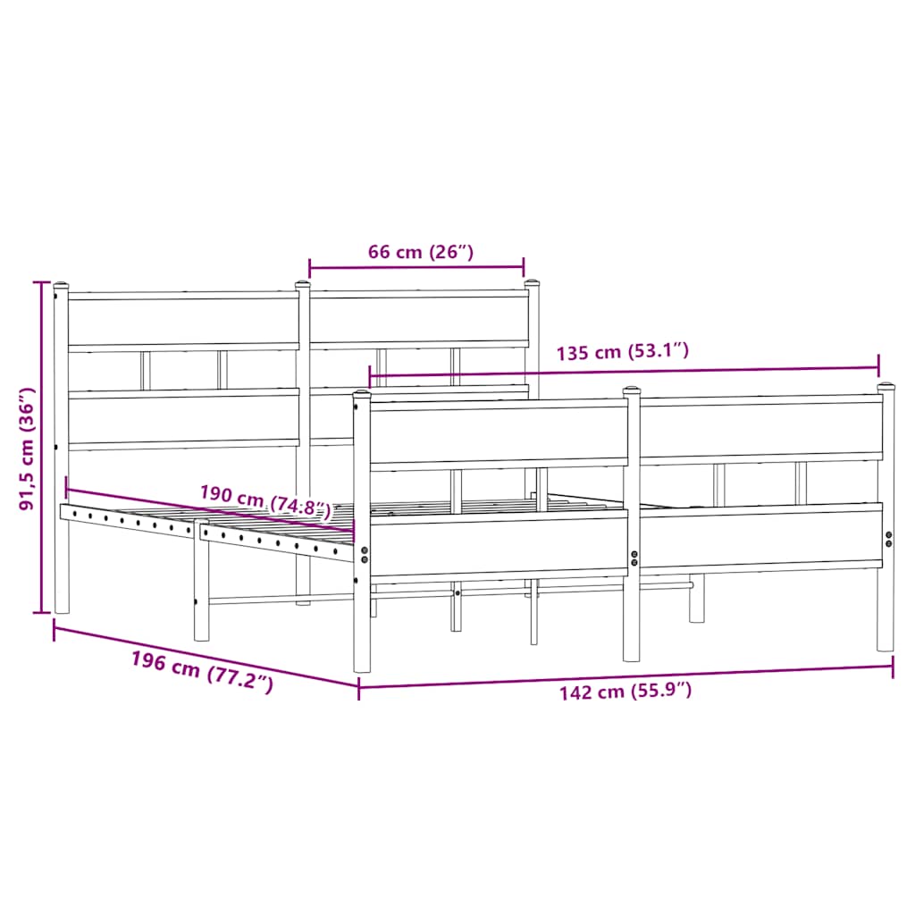Metal Bed Frame without Mattress Sonoma Oak 135x190 cm Double