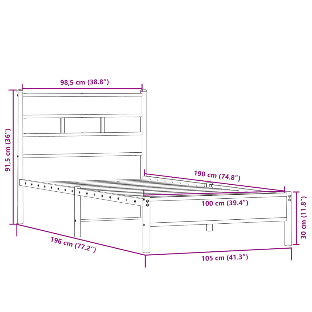 Bed Frame without Mattress Sonoma Oak 100x190 cm Engineered Wood