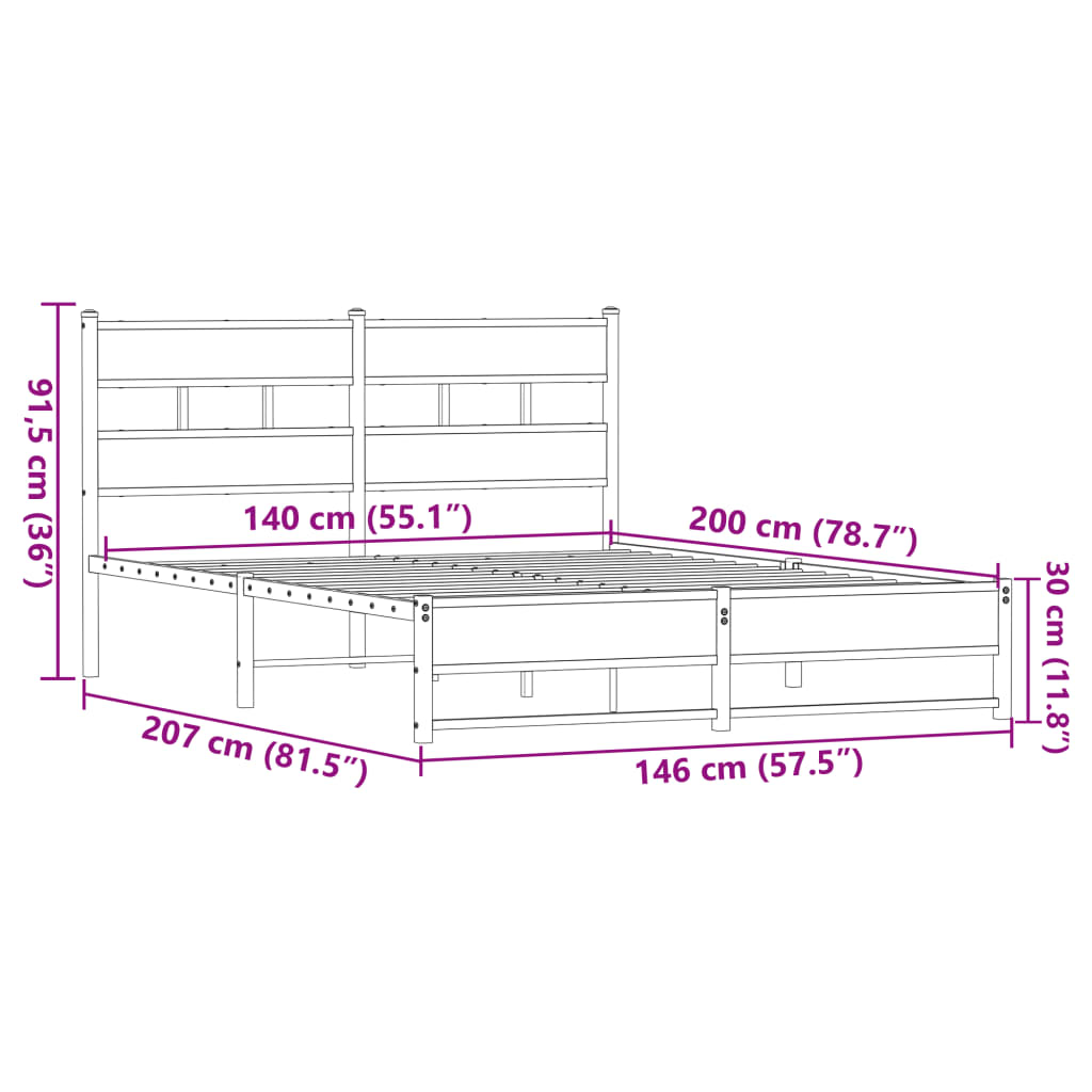 Metal Bed Frame without Mattress Brown Oak 140x200 cm
