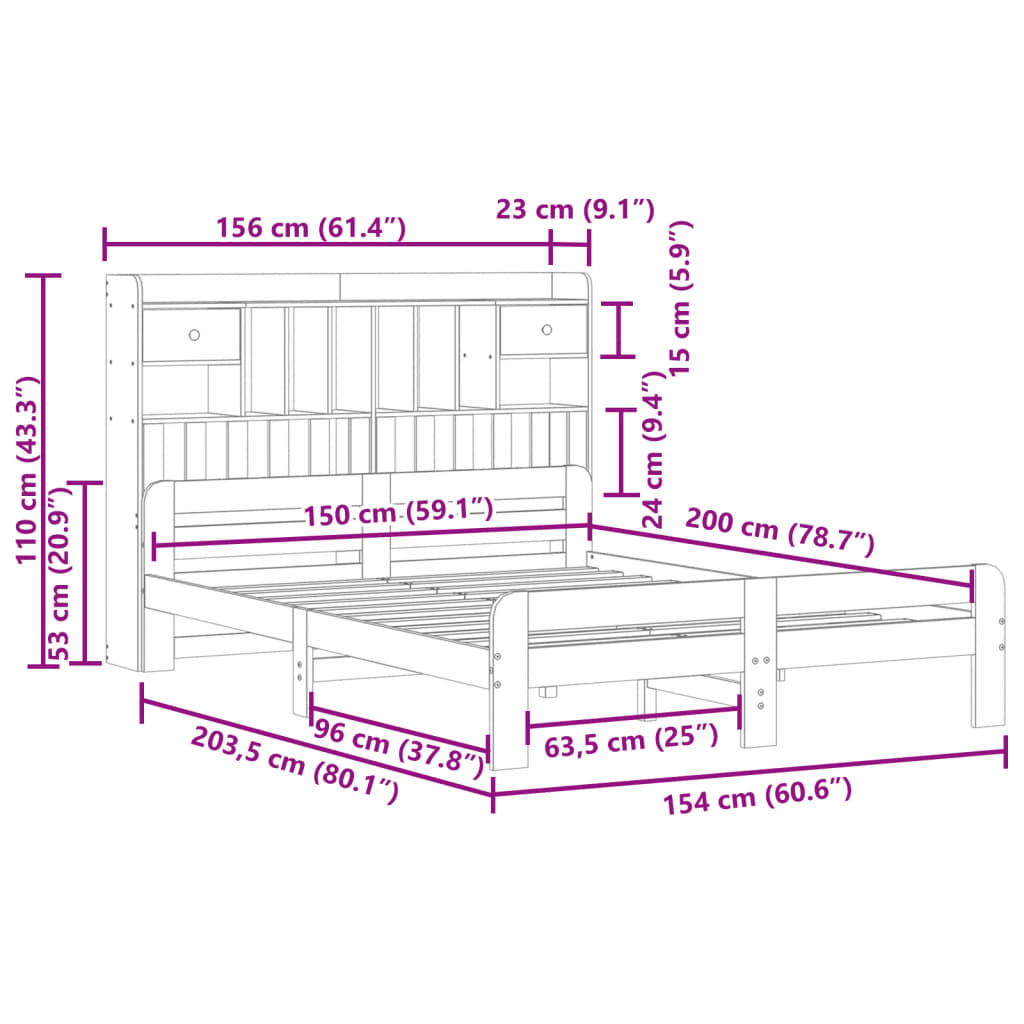 Bookcase Bed without Mattress White 150x200 cm King Size Solid Wood Pine