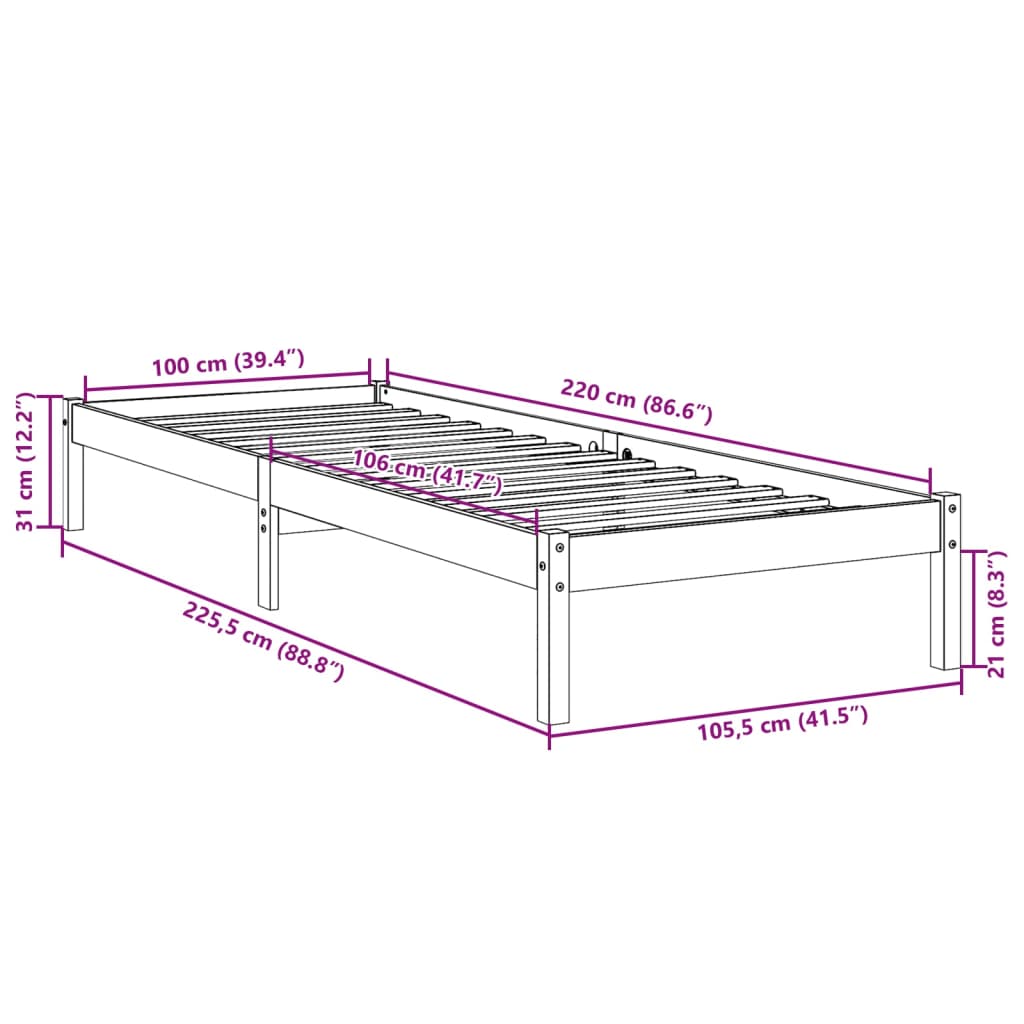 Extra Long Bed Frame without Mattress 100x220 cm Solid Wood Pine