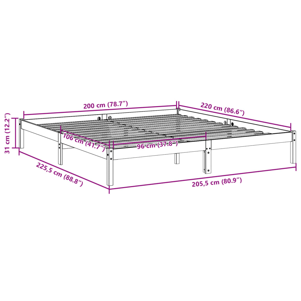 Extra Long Bed Frame without Mattress White 200x220 cm Solid Wood Pine